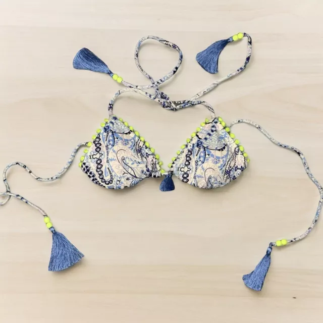 Victorias Secret Blue Floral Pom Size XS Teeny Triangle Swim Suit Bikini Top VS