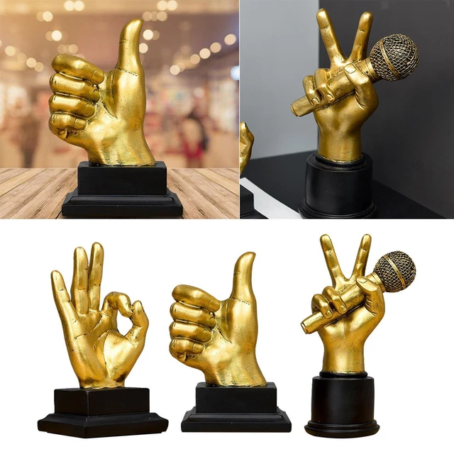 Statue Main Rock Dorée - Sculpture Doigt Geste Musique Pour Décoration Bureau Et Salon