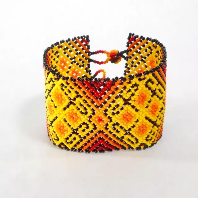 Huichol Beaded Bracelet Wide Cuff Ethnic Aztec Flower Handmade Mexican Folk Art