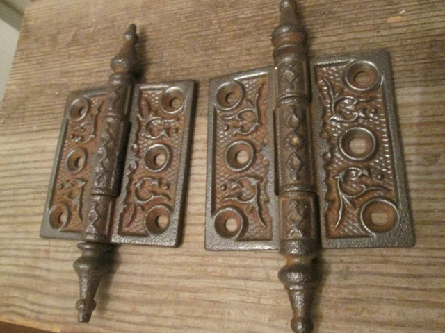 Pair Ornate Victorian Steeple Top Cast Iron Victorian Hinges -Pins NOT Removable