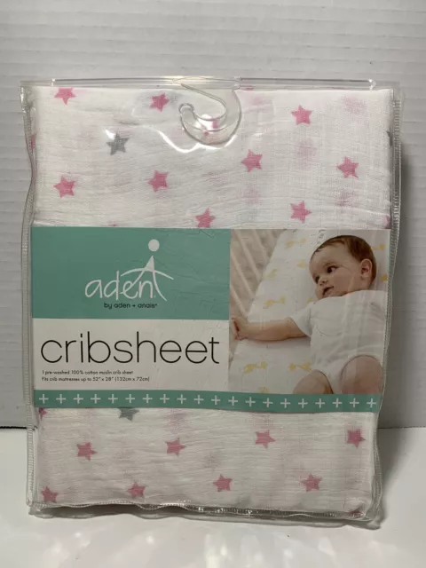 Aden + Anais Cotton Muslin Crib Sheet Pink & Grey Stars Fits Up To 52” x 28” NEW