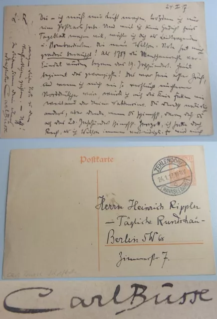Lyriker Carl Hermann BUSSE (1872-1918): Postkarte BERLIN 1917 (Politik, Wilson)