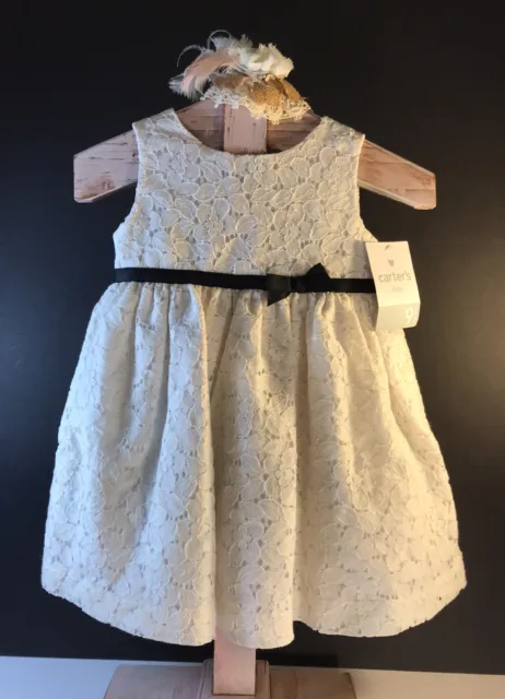 Carters Baby Girl Sleeveless Dress 9M 9 Months Ivory Lace Black Ribbon Bow