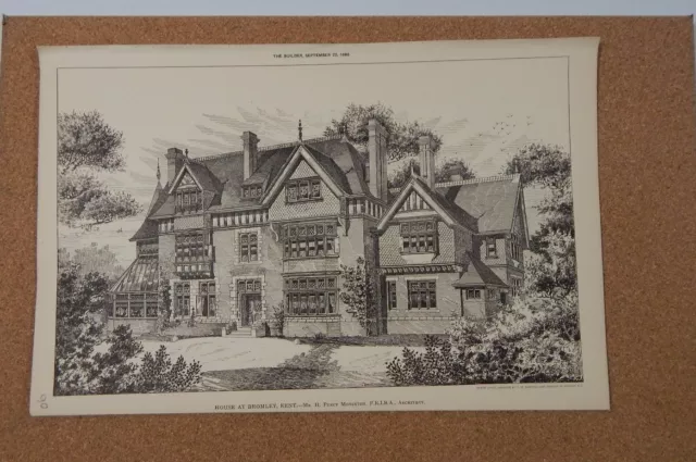 Antique Architects print House at Bromley Kent  Architect  the builder 1888