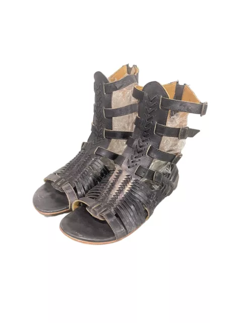 BED STU Black Leather Strappy Gladiator Flat Sandals Back Zipper Womens Size 10