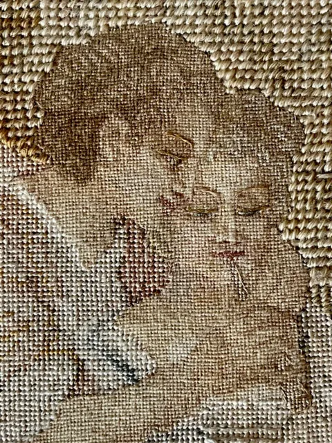 Mid 19Th Century Petite Embroidery Needlepoint Portrait Of Romance C1860