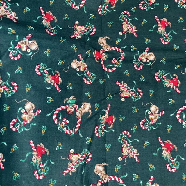 1 yd 30” Vtg Christmas HALLMARK Wamsutta Kittens Mice Candy Canes Fabric