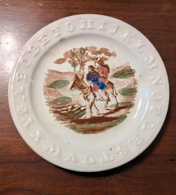 ABC Plate Antique English Staffordshire Man & Boy Donkey Transfer 19th Century