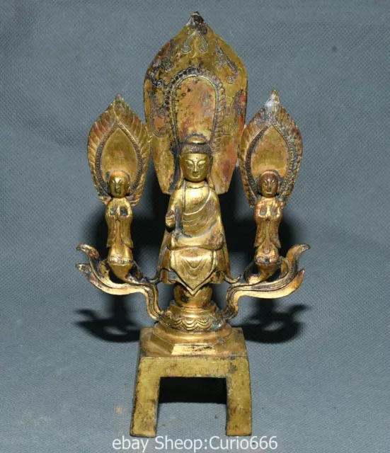 7'' Old Dynasty Bronze Ware Gold Shakyamuni Sakyamuni Amitabha 3 Buddha Statue