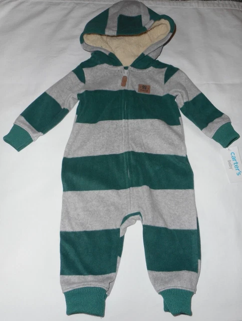 Warm Carters Baby Boy Striped Fleece Hooded Jumpsuit -Infant Size 6 Months - New