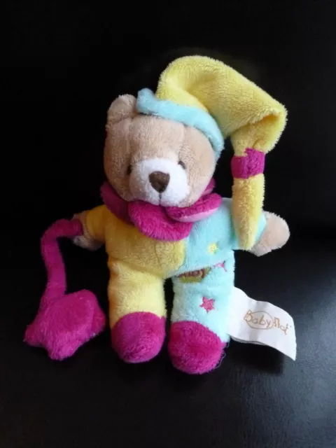 44 - DOUDOU BABY NAT BABYNAT OURS AVEC BONNET ETOILE jaune rose fushia bleu TBE