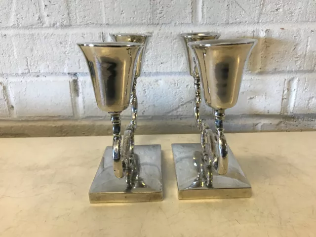 Vintage Mid Cent Modern P Lopez G Mexican Sterling Silver Pair of Candle Holders 2