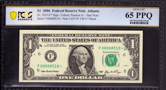 2006 $1 Federal Reserve Star Note Atlanta Fr.1933-F* Pcgs B Gem Unc 65 Ppq