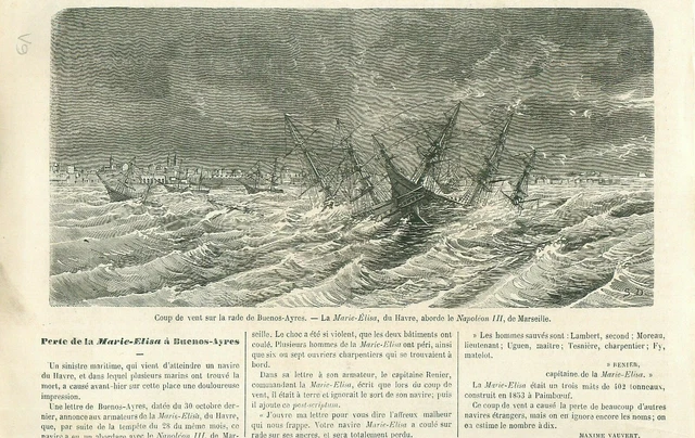 Rade Bay Buenos Aires Shipwreck Naufrage / Napoleon III GRAVURE OLD PRINT 1866