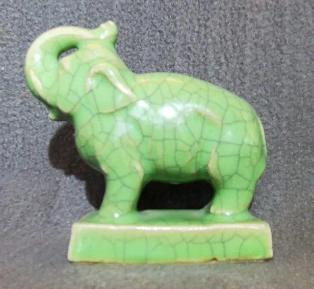 Rare Vtg Chinese Crackle Glaze Mud ELEPHANT Green Figurine on Stand truck Lucky