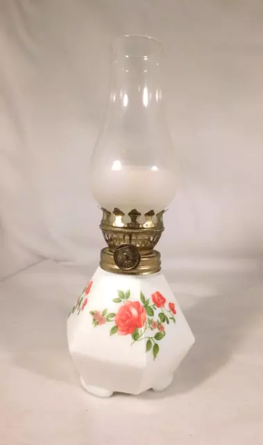 Miniature Oil Lamp White Ceramic Base Roses Frosted Shade 7.5" Complete Japan
