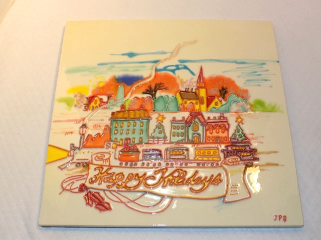 Tile Art Wall Hanging Vintage Ceramic Hand Painted Signed Happy Holidays