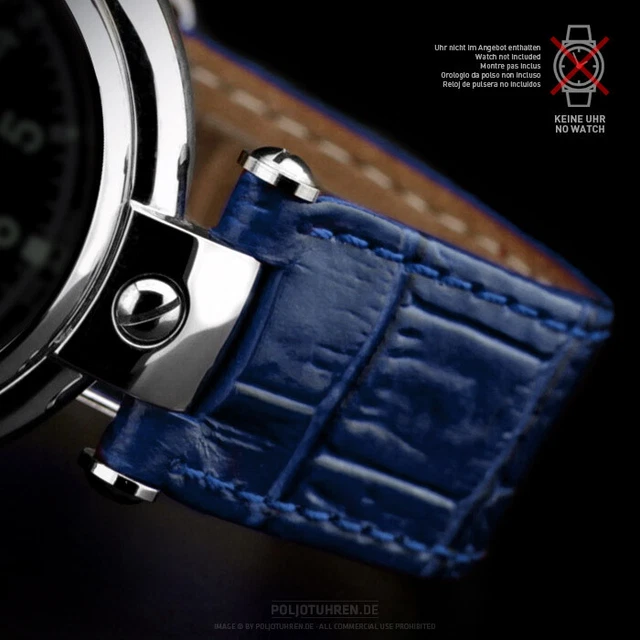 Bracelet De Montre En Cuir Bleu Crocodile - Largeur 15 Mm - Fermoir Boucle - Fabriqué En Allemagne