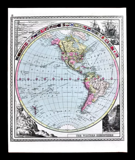 1886 Tunison World Map Western Hemisphere North South America United States Time