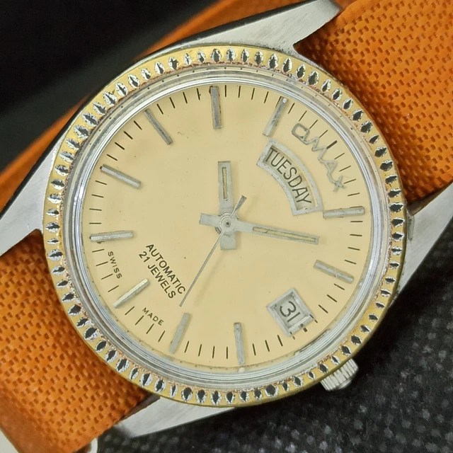 DAY @ 12 VINTAGE OMAX AUTOMATIC SWISS MENS DAY/DATE BEIGE WATCH 530c-a282728-4