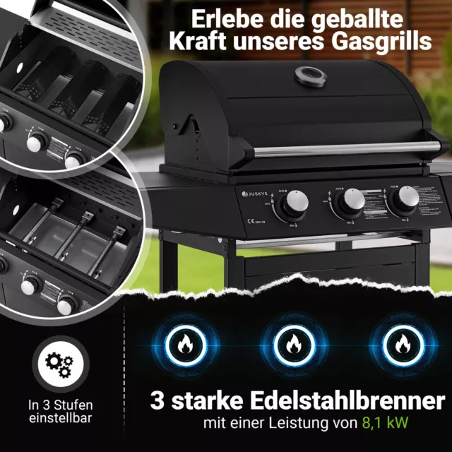 Gasgrill Grillwagen BBQ Grill Grillstation Griller Stahl 3 Brenner Juskys® 2