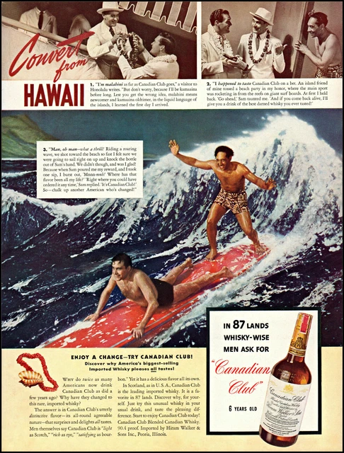 1940 Wave Surfboarding in Hawaii Canadian Club Whisky vintage photo print ad L78