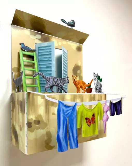 Arte Pop Escultura de Metal de David Gerstein Manteles BALCÓN CON GATOS 3D