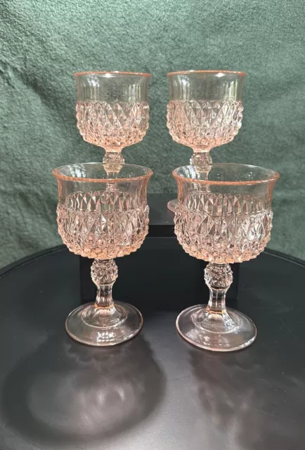 Four Vintage Pink Depression Indiana Glass Diamond Goblet Wine Glasses