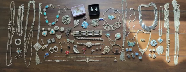 Large Lot Vintage Silver Tone Jewelry Necklaces Bracelets Earrings Brooches