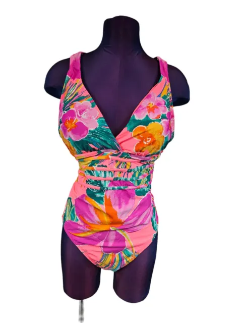 NWT La Blanca Tropical Catalina Coast Cross Back One Piece Swimsuit Size 14 L73