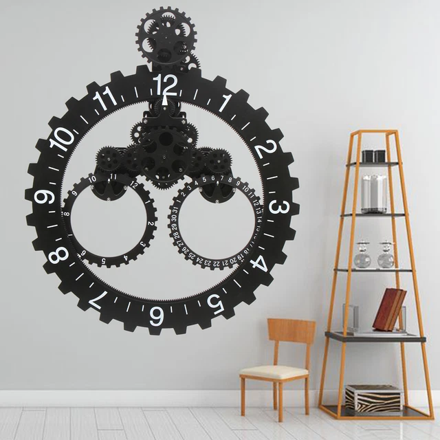 27& INDUSTRIAL MECHANICAL Moving Gear Clock Metal Gear Wall Clock Black
