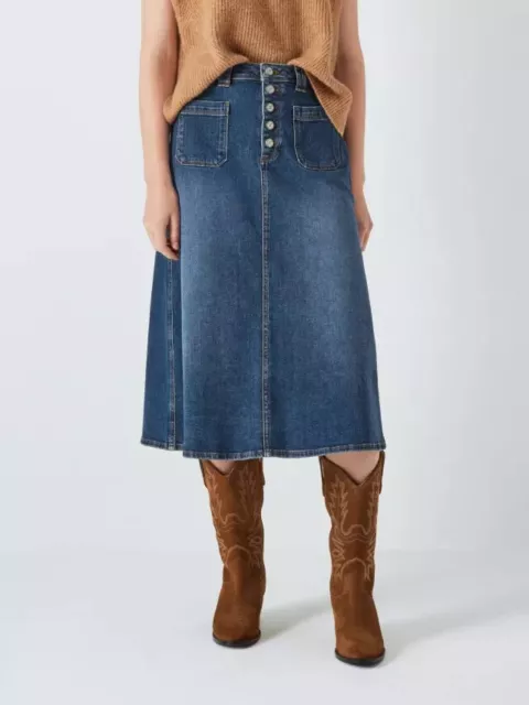 Gonna in denim John Lewis e/o taglia 10 blu con bottoni Skylow tasca scura nuova con etichette nuovo con etichetta £59