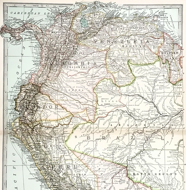 1897 South America Map Brazil Amazon Colombia Venezuela Bolivia Peru Guiana RARE