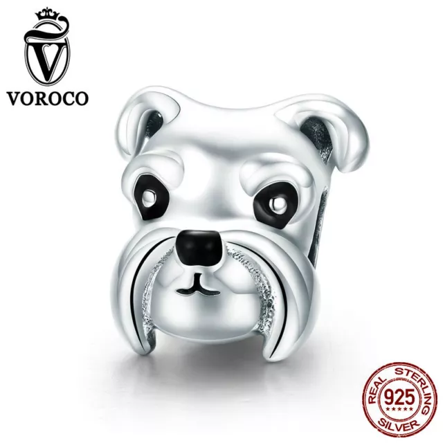 VOROCO 925 Solid Silver Cute Schnauzer Charm Beads With High Polish And Enamel