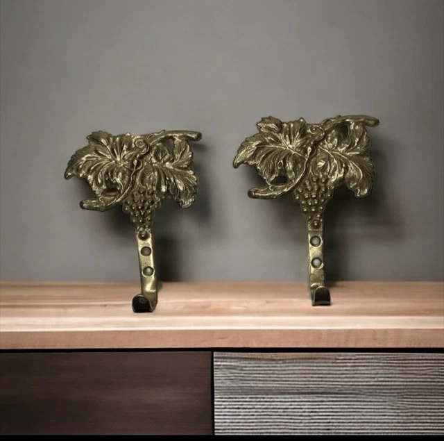 VINTAGE Solid BRASS ORNATE Grapevine  WALL HOOKS HANGERS 4” tall Pair