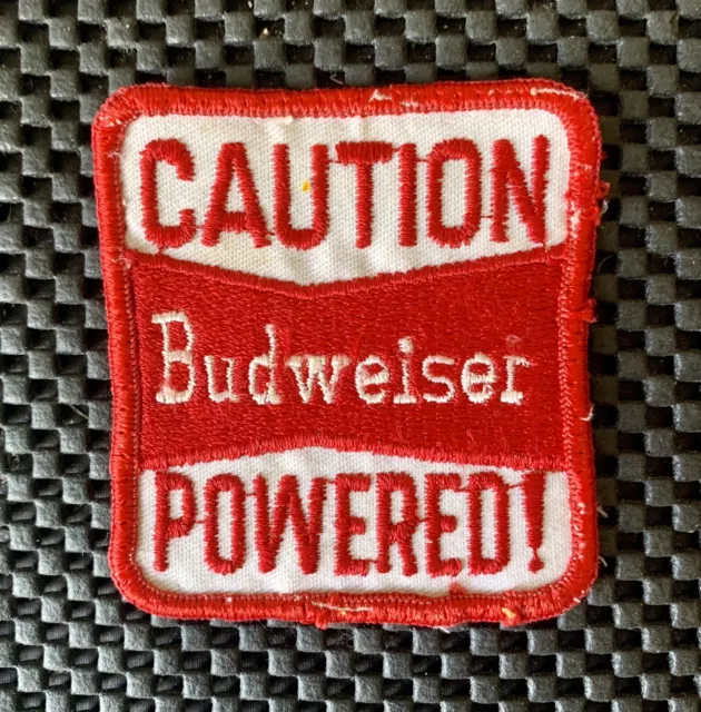 CAUTION BUDWEISER POWERED EMBROIDERED SEW ON ONLY PATCH BEER 3" x 3 1/4" NOS