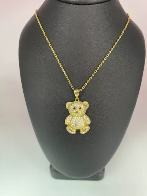 Cadena de Plata 925 Bañado En oro 14k para Mujer Con Colgante de oso Y Piedras