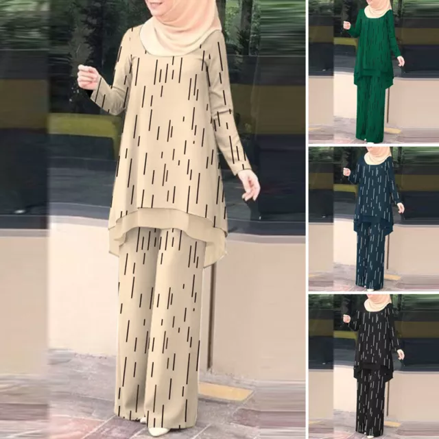 ZANZEA Womens Muslim Dubai Floral Printed Outfit Asymmetrical Hem Tops Pants Set