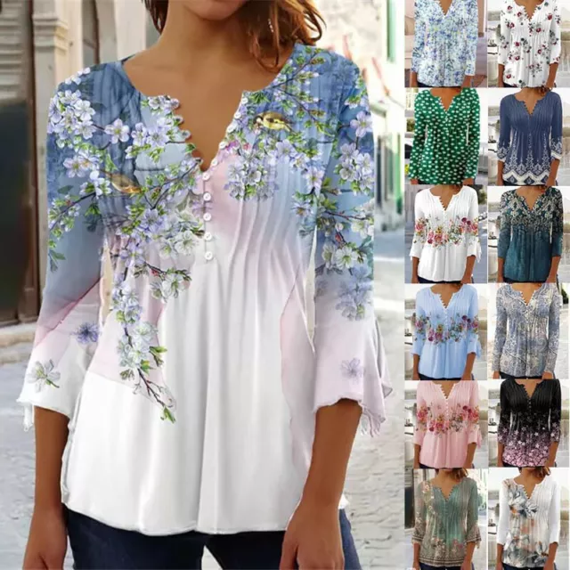 Womens Holiday Beach Blouse Button Loose Fit Tunic Swing Tops Pullover T shirts