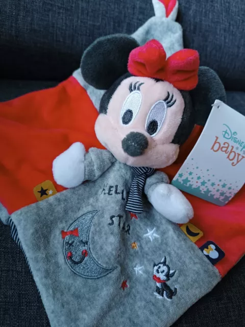 546🌟Doudou plat Minnie Mouse rouge gris raye hello star lune chat disney baby 2