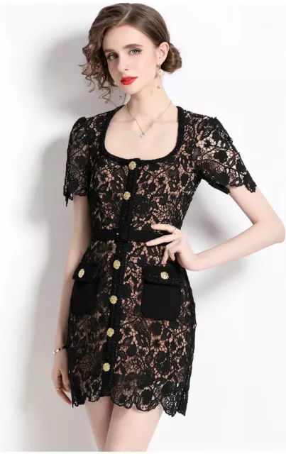Womens Self- Portrait Embellished Belted Guipure Lace Mini Dress Black New 2024