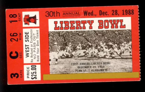 1988 Indiana vs South Carolina Liberty Bowl Ticket Stub