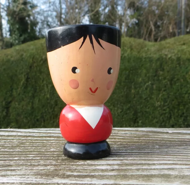 Vintage Hand Painted Turned Wooden Egg Cup - Boy - Red & Black - Sevi Italy