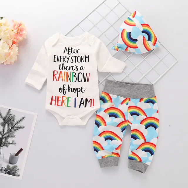 UK Newborn Baby Boys Girls Rainbow Romper Tops + Pants Hat Outfits Clothes Set