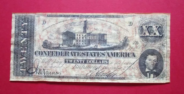 U.s.a. Antiqued Replica 1862  Confederate States Of America   20 Dollar Banknote