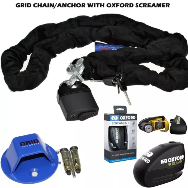 Serratura disco moto Oxford Screamer7 + griglia lucchetto catena 1,8 m + ancoraggio griglia