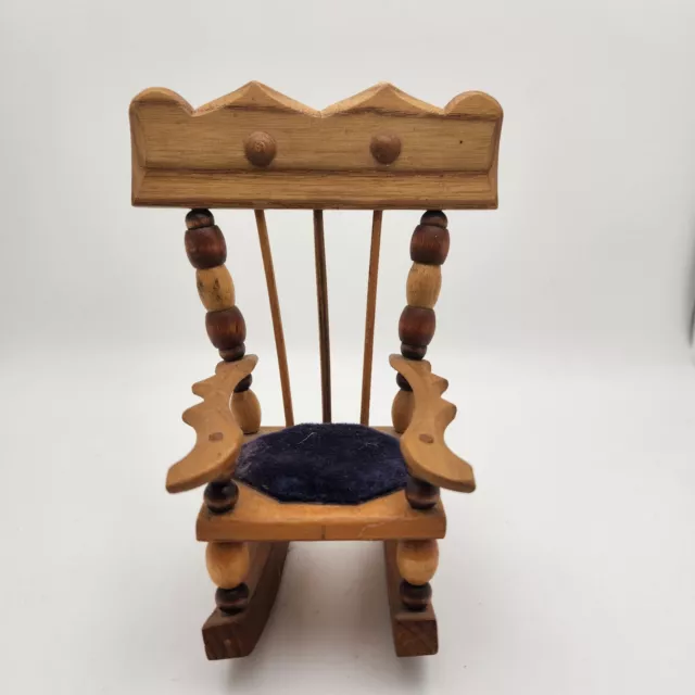 Miniature Wooden Doll Rocking Chair Vintage 1982 6" Blue velvet R.L.B.