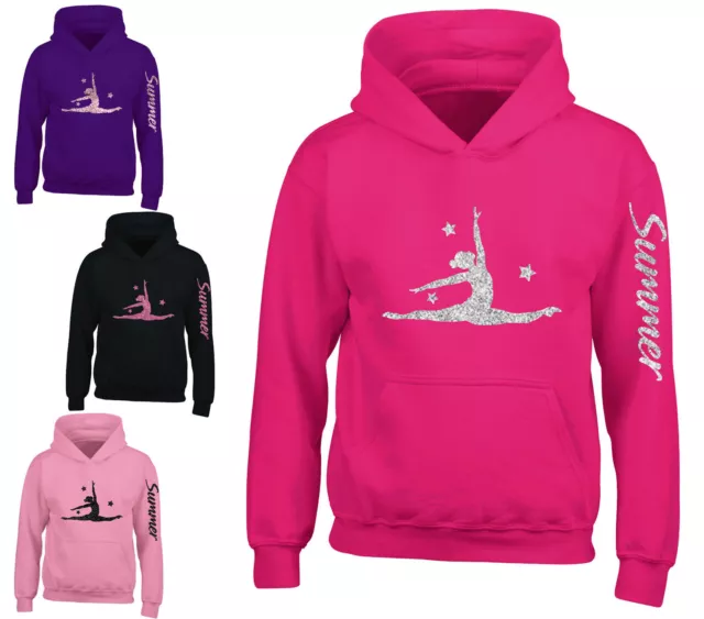 Girls Personalised Glitter Gymnast Hoodie Arm Print Dance School Hoody Childrens