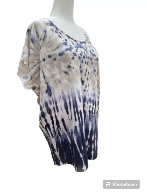 Style & Co Sport Top Tie Dye Beading Blue White Raglan Sleeves EUC 3