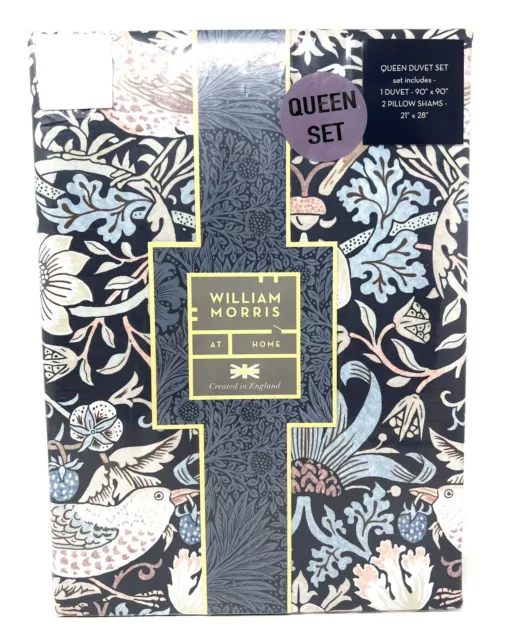 William Morris Strawberry Thief QUEEN Duvet Cover Set Navy Blue *NEW IN PACKAGE